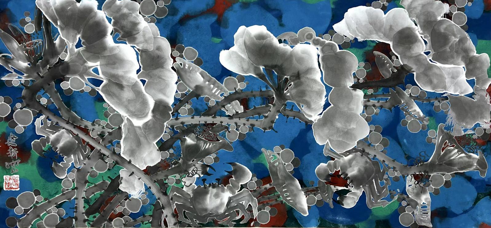 《荷蟹》系列 45X97cm 纸本水墨设色 2024年元月 (3)