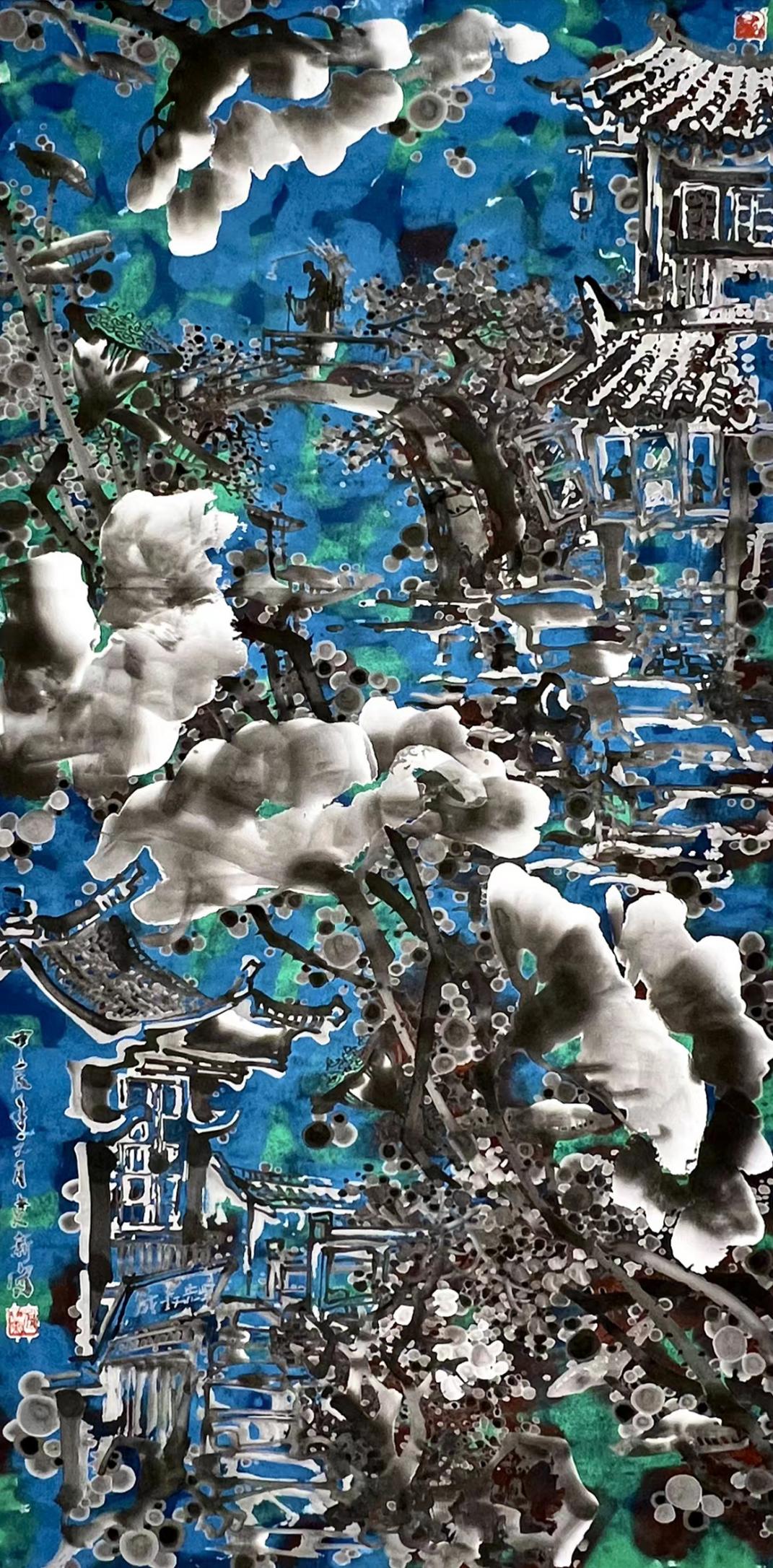 《周庄古镇》138X 69Xcm 纸本水墨设色2024年元月